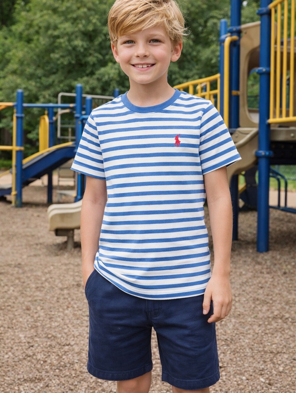 Ralph Lauren Boys Striped Polo T‑Shirt Blue White Classic Pony Logo Size M